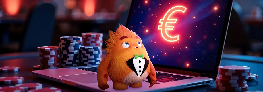 Oranje animatiefiguur in smoking naast casinofiches en een laptop met een fel verlicht euroteken, symbool voor online winsten.